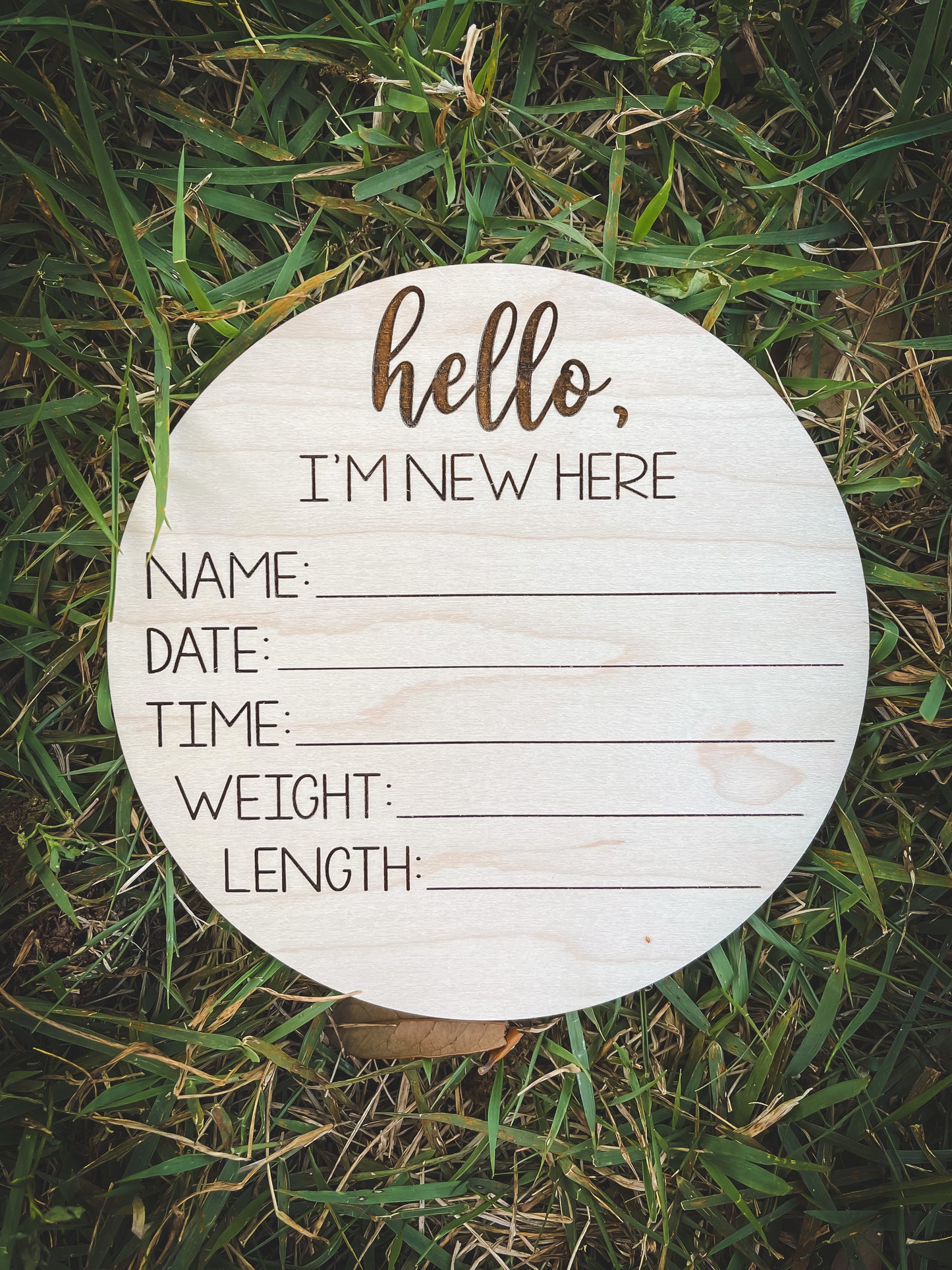 Wooden Hello, I’m New Here Birth Stats Announcement Sign
