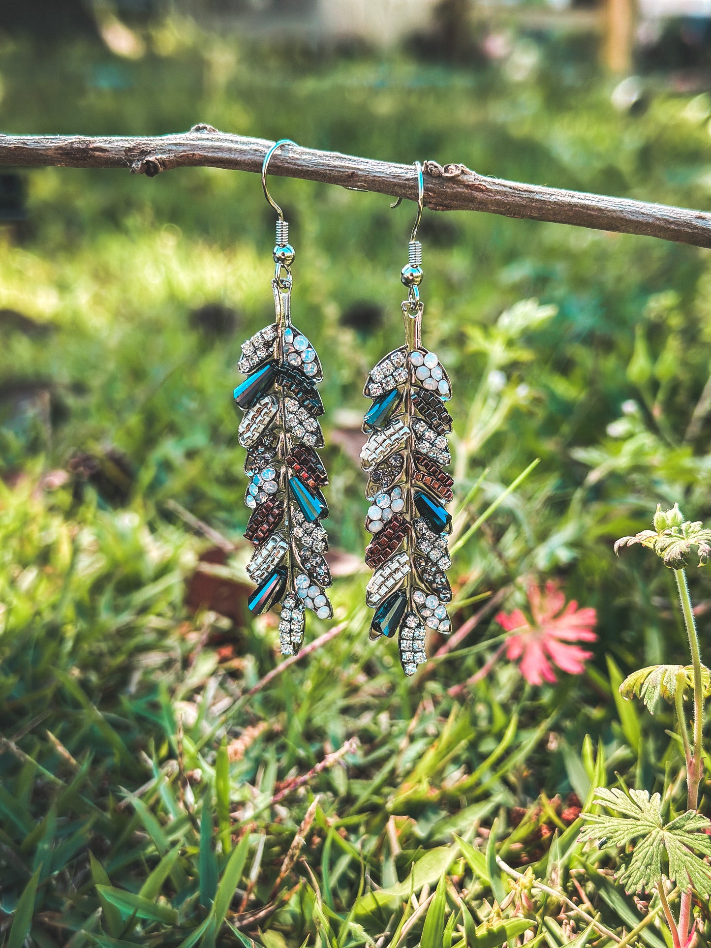 Bead & Rhinestone Leaf Dangle Earrings