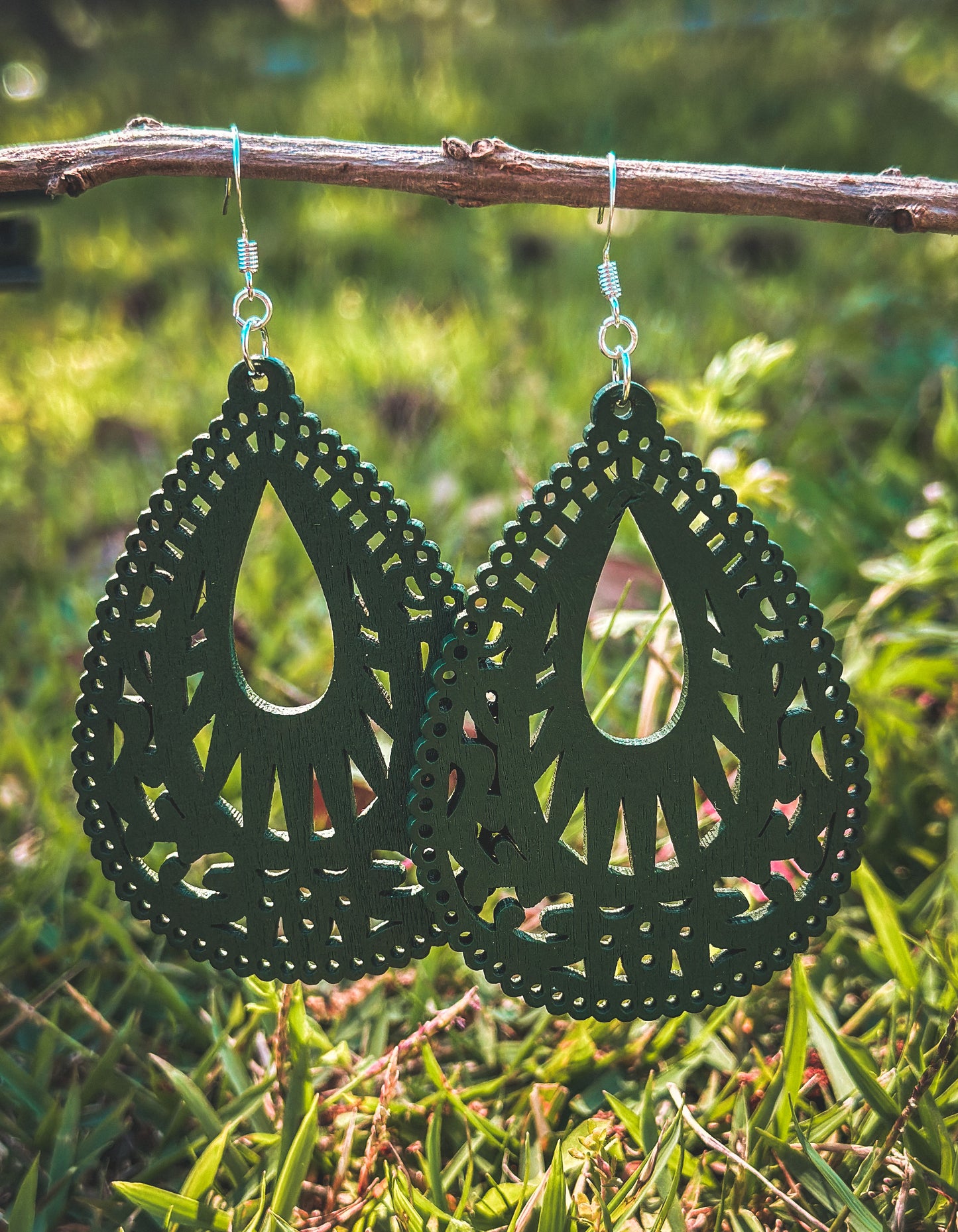 Green Filigree Teardrop Wood Dangle Earrings
