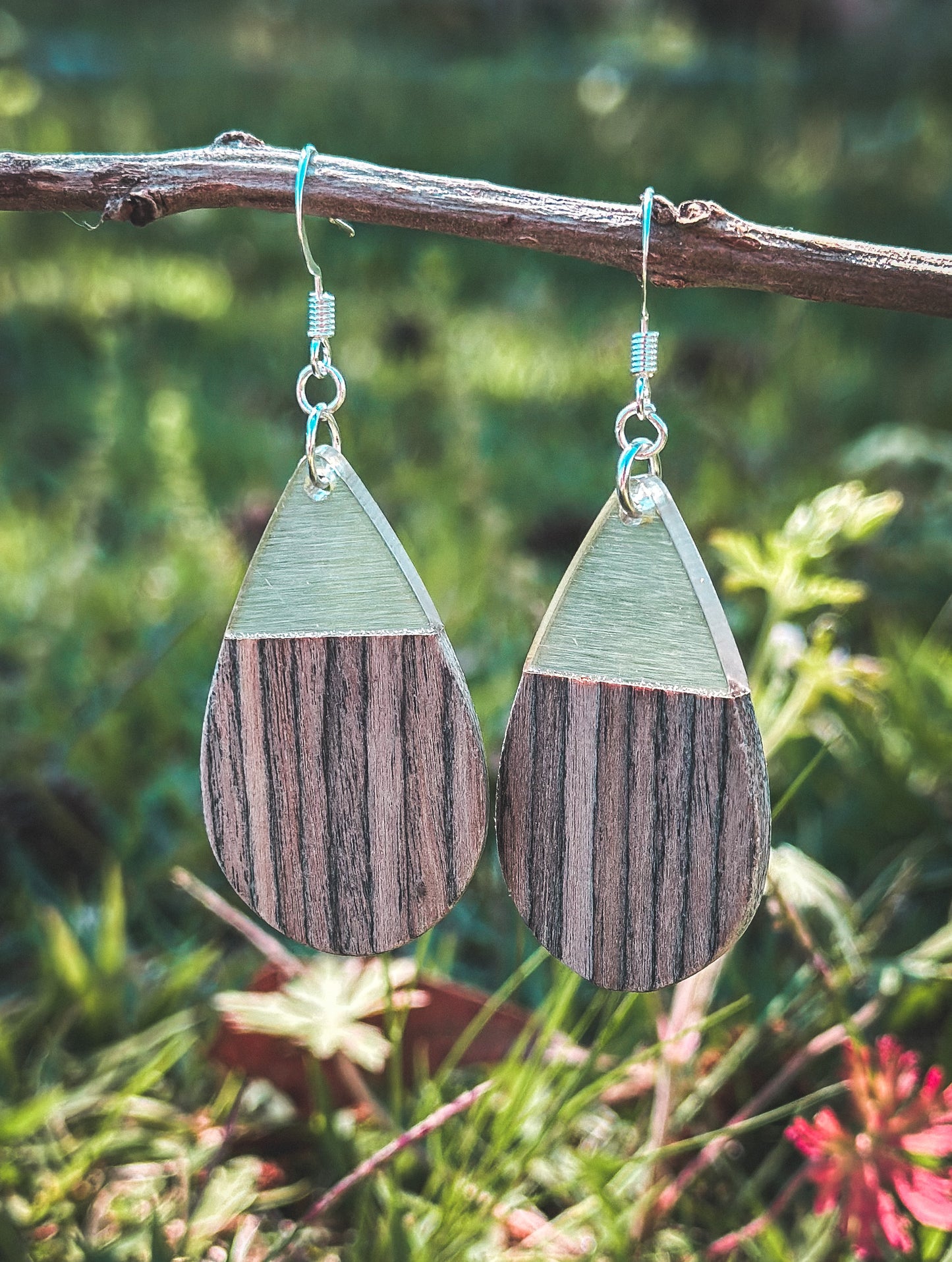Clear Resin/Light Grey Wood Dangle Earrings