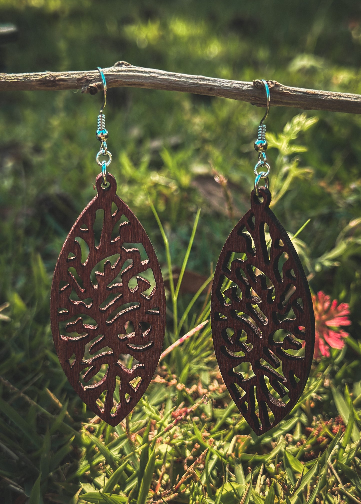 Filigree Teardrop Wood Dangle Earrings