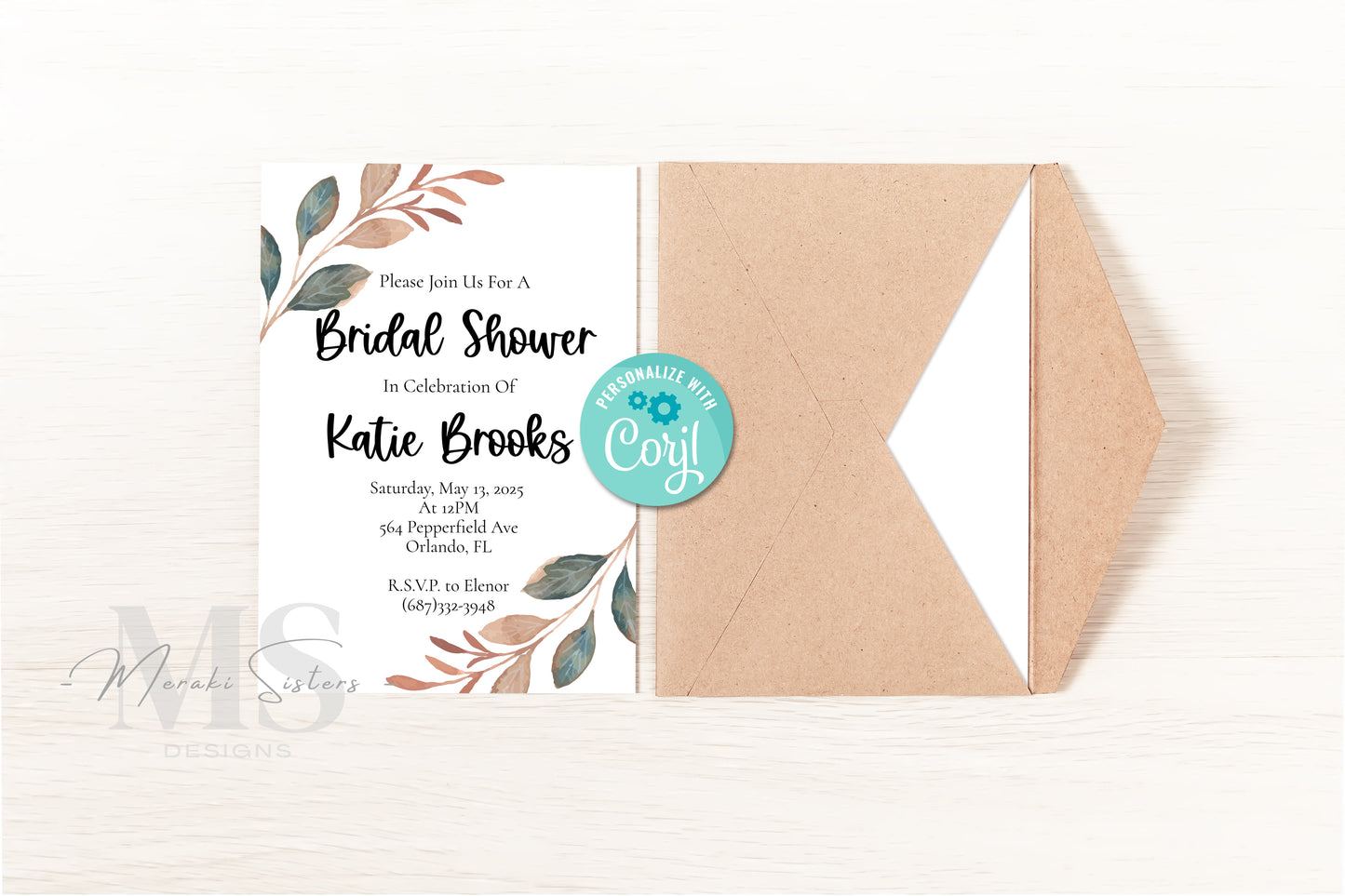 Leafy, Digital Invitation: INSTANT DOWNLOAD, Neutral Tones, Partially Editable, Printable, Bridal Shower