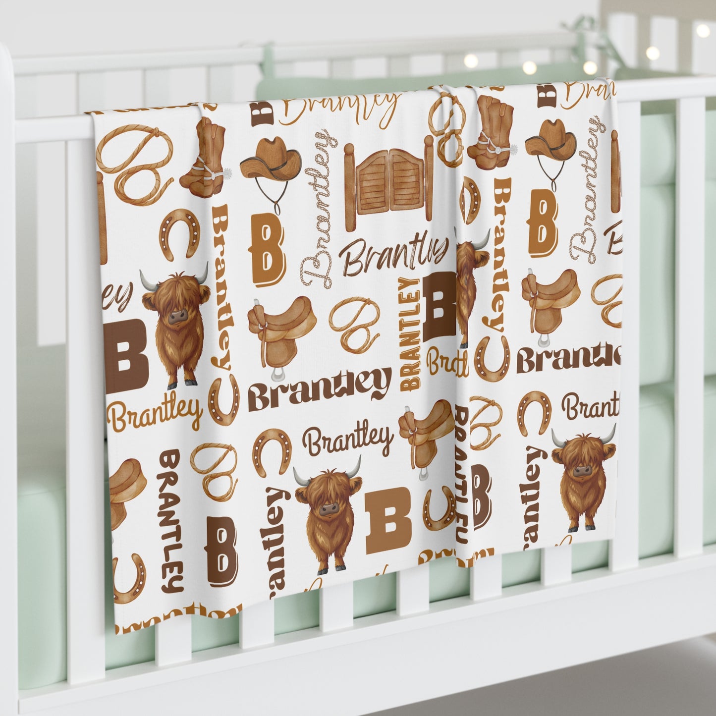 Personalized Baby Swaddle Blanket — Brown Western Cowboy Name Pattern (Brantley)