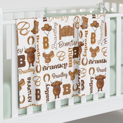 Personalized Baby Swaddle Blanket — Brown Western Cowboy Name Pattern (Brantley)