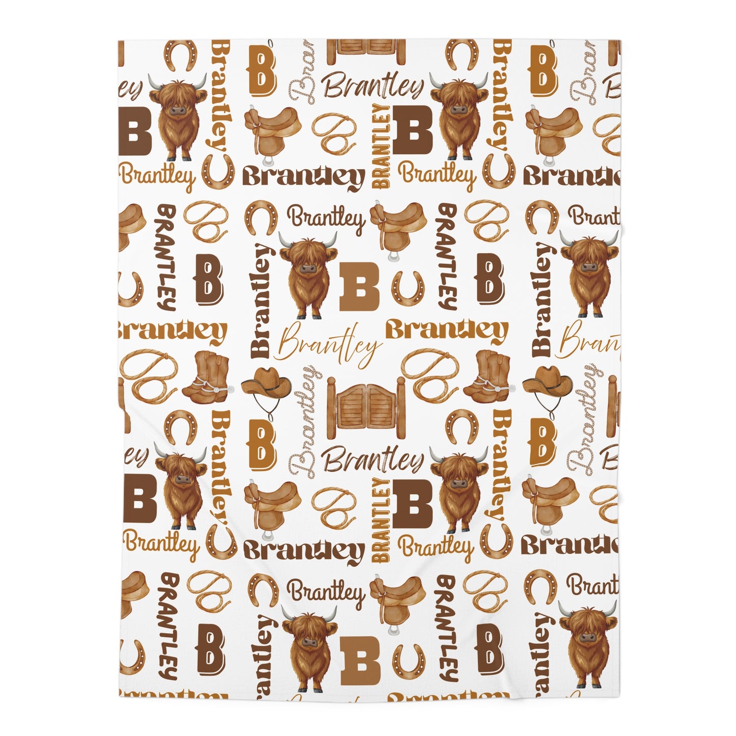 Personalized Baby Swaddle Blanket — Brown Western Cowboy Name Pattern (Brantley)