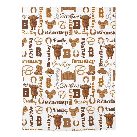 Personalized Baby Swaddle Blanket — Brown Western Cowboy Name Pattern (Brantley)